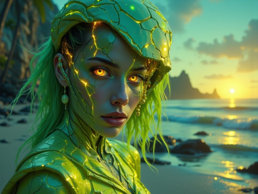 Alien Woman Walks Tropical Beach in Neon Jumpsuit