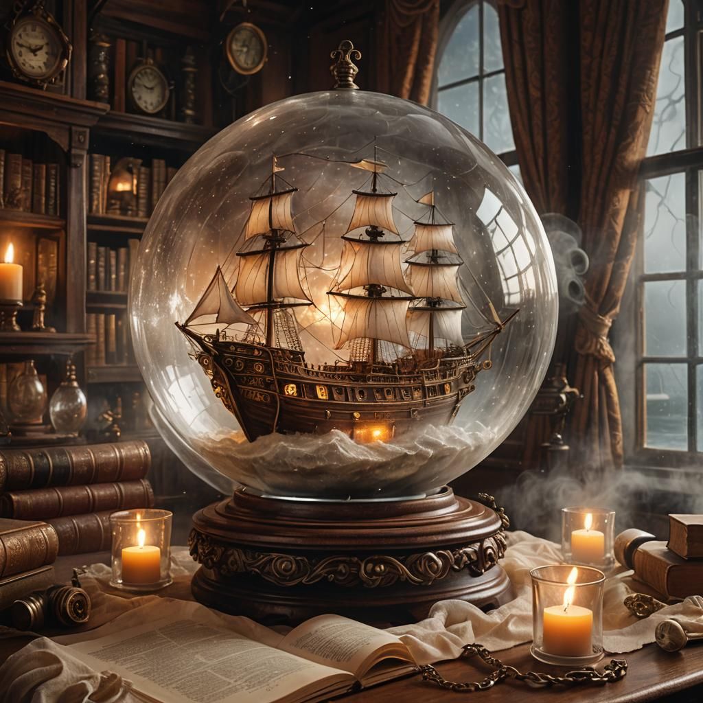 Ghost Ship in Glass Orb: Steampunk Still Life