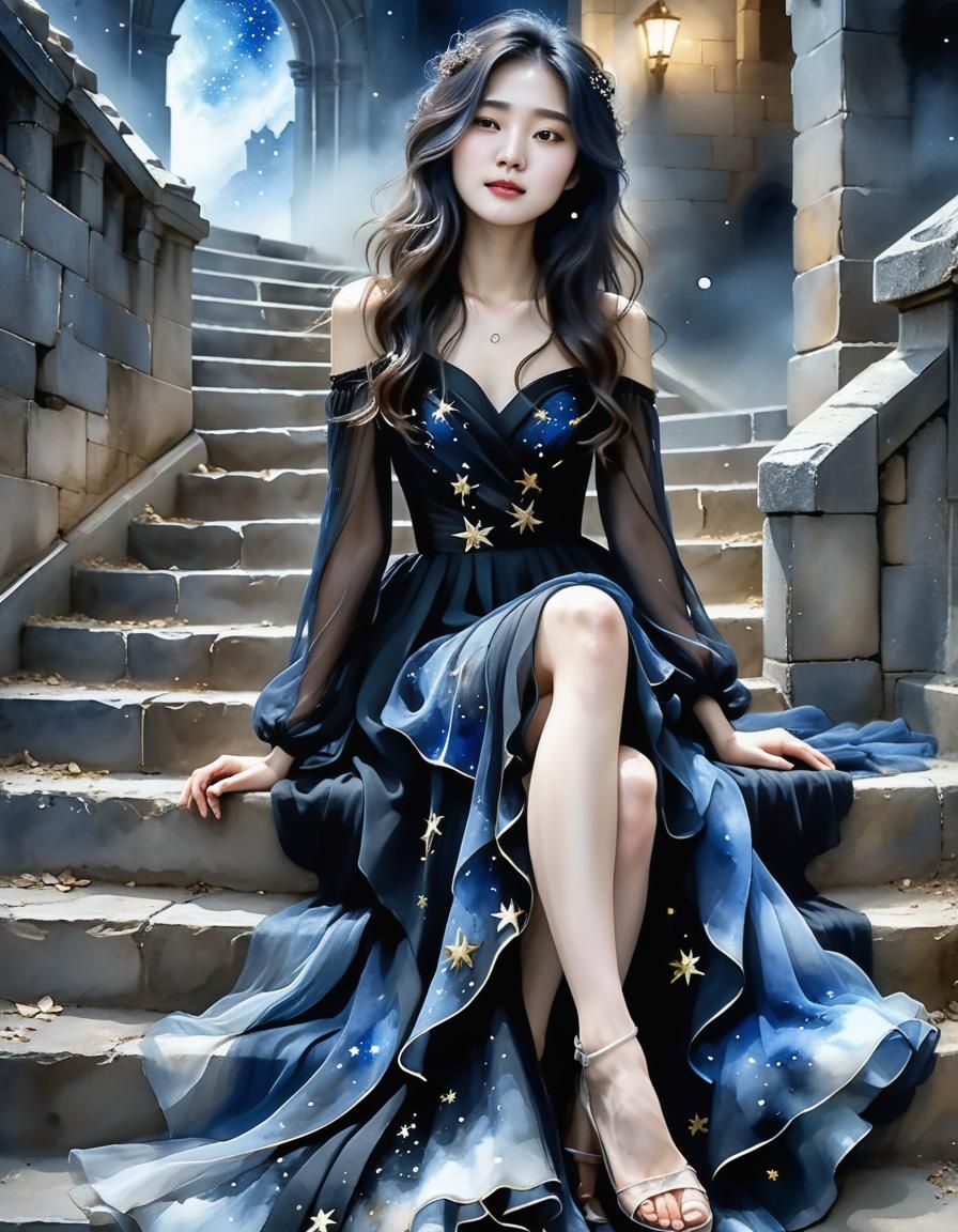 Ethereal Korean Woman in Watercolor Starlight