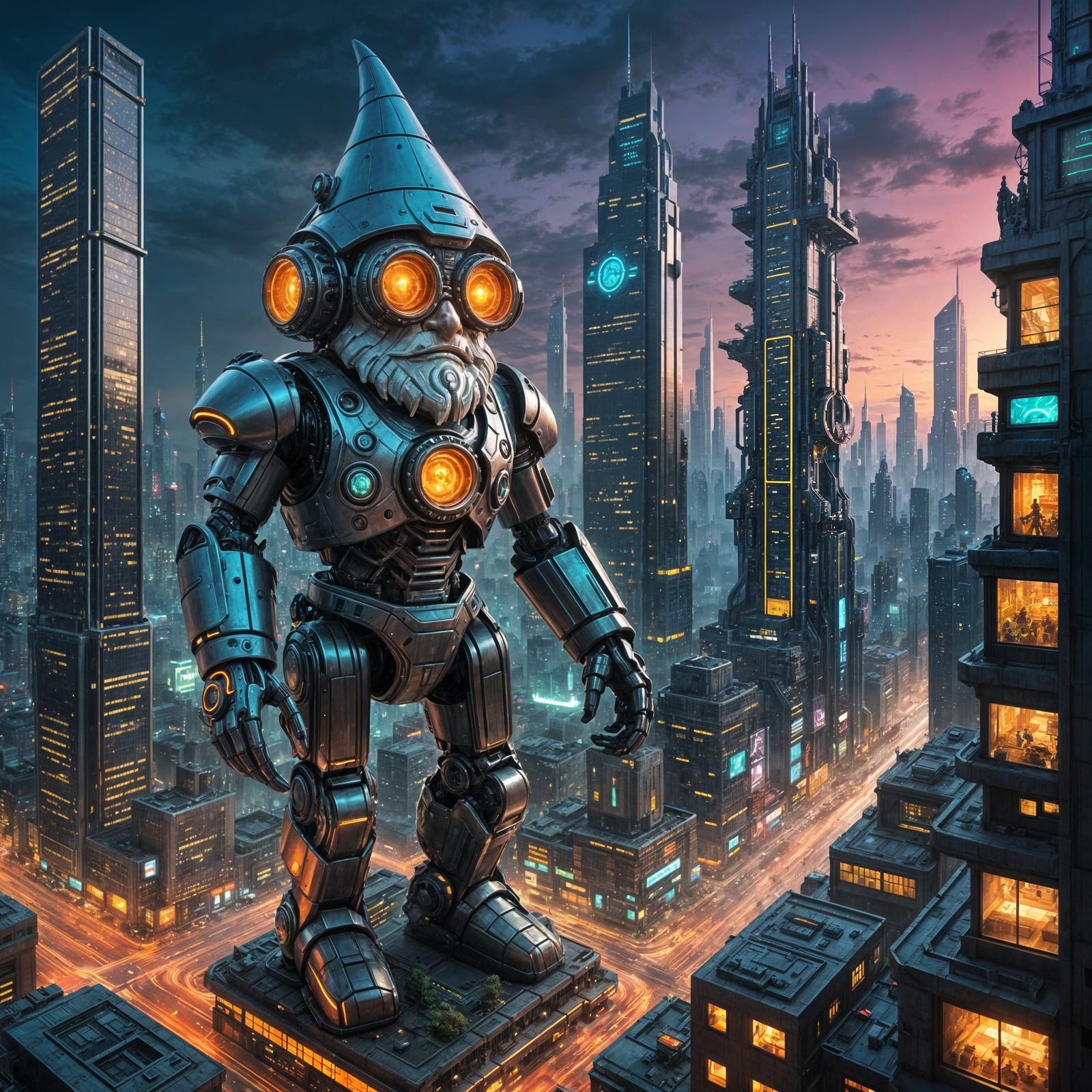 Technologically Advanced Gnome in Cyberpunk Cityscape