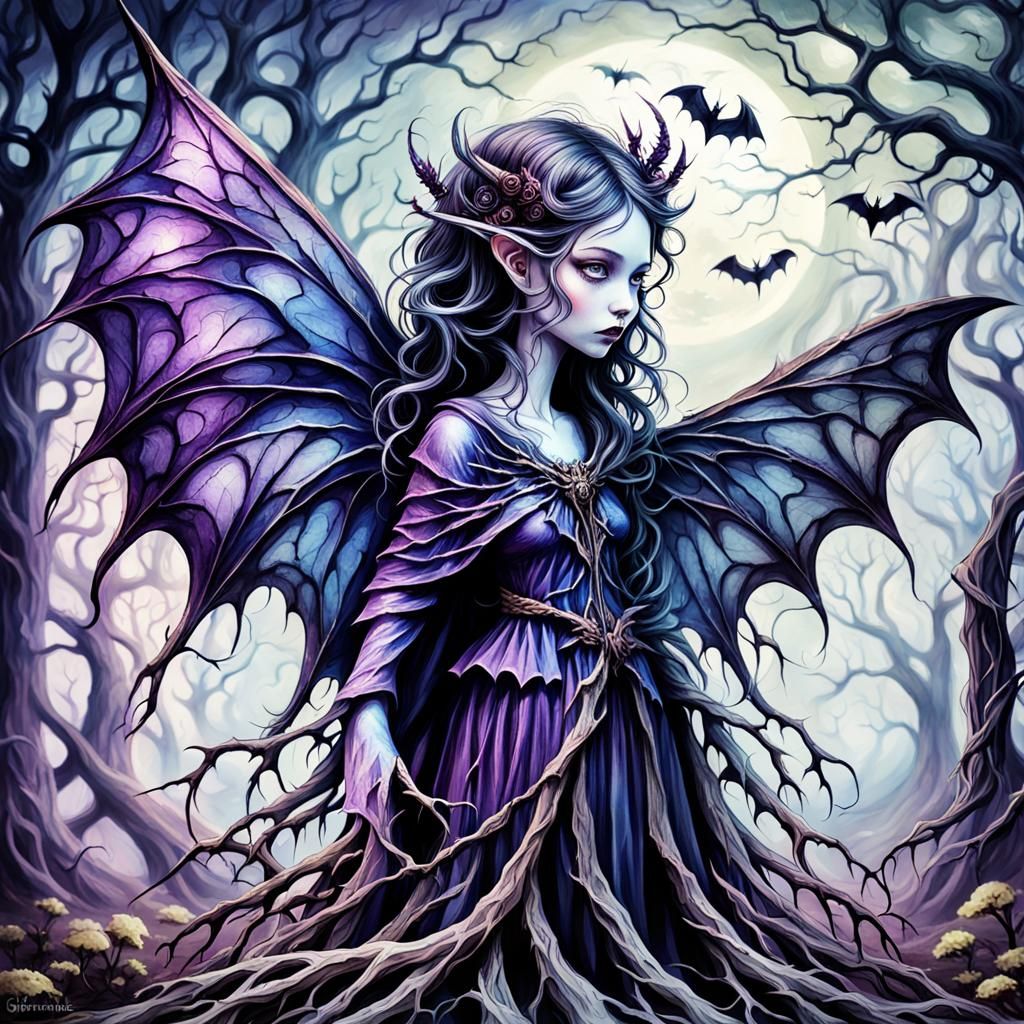 Dark Fairy with Bat Wings in Fauvist Style