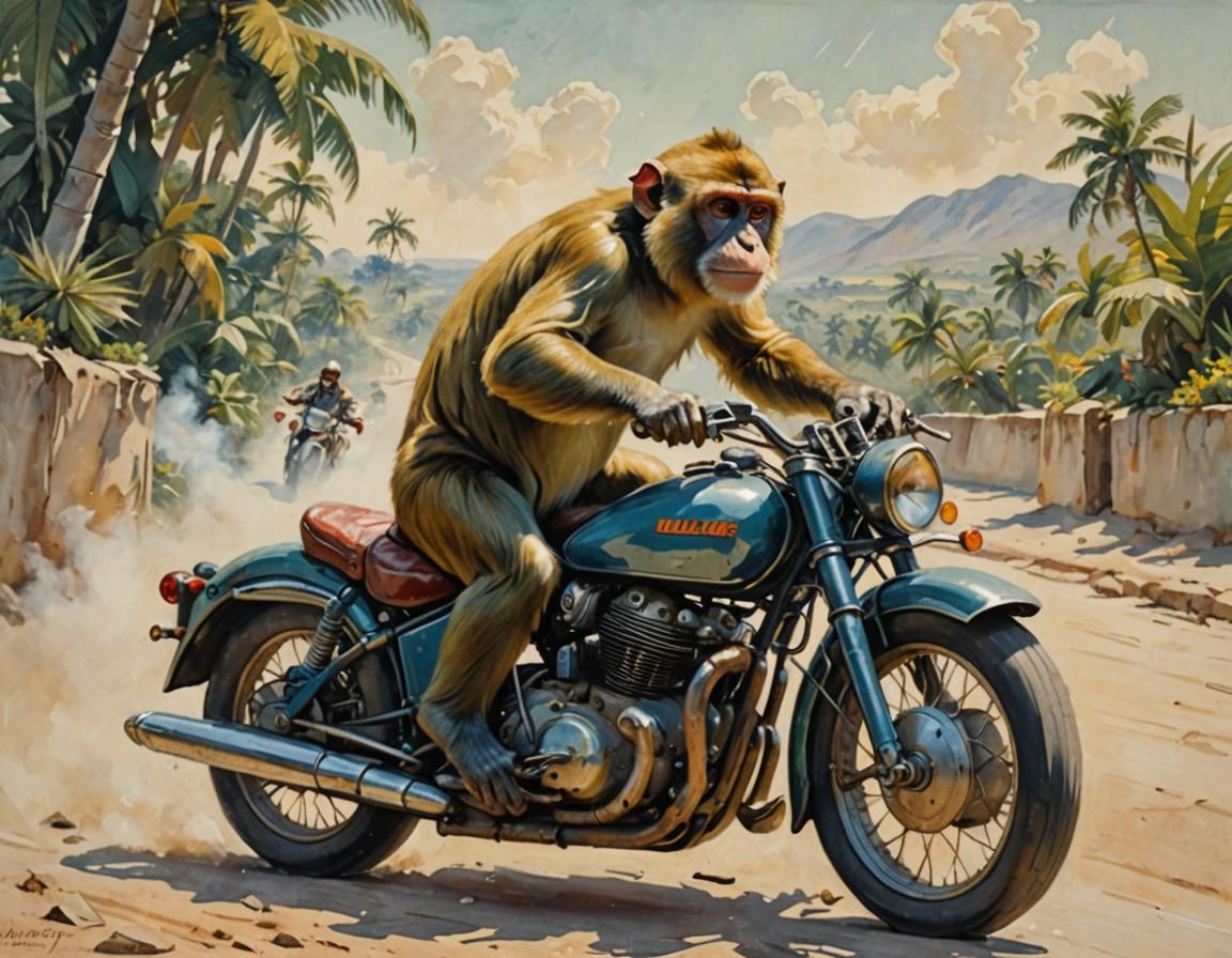Monkey Rides Motorcycle in Tempera Landscape