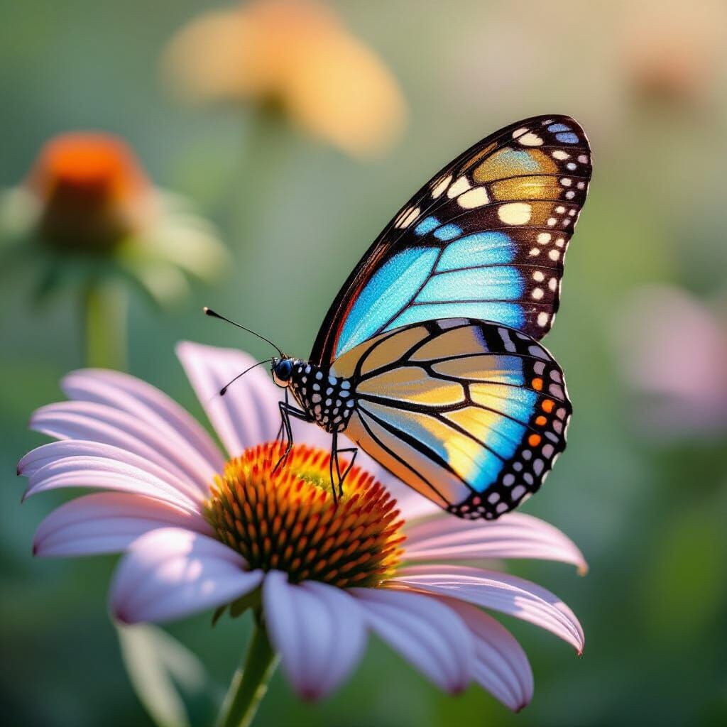 Iridescent Butterfly on Flower, Cinematic Macro Photo