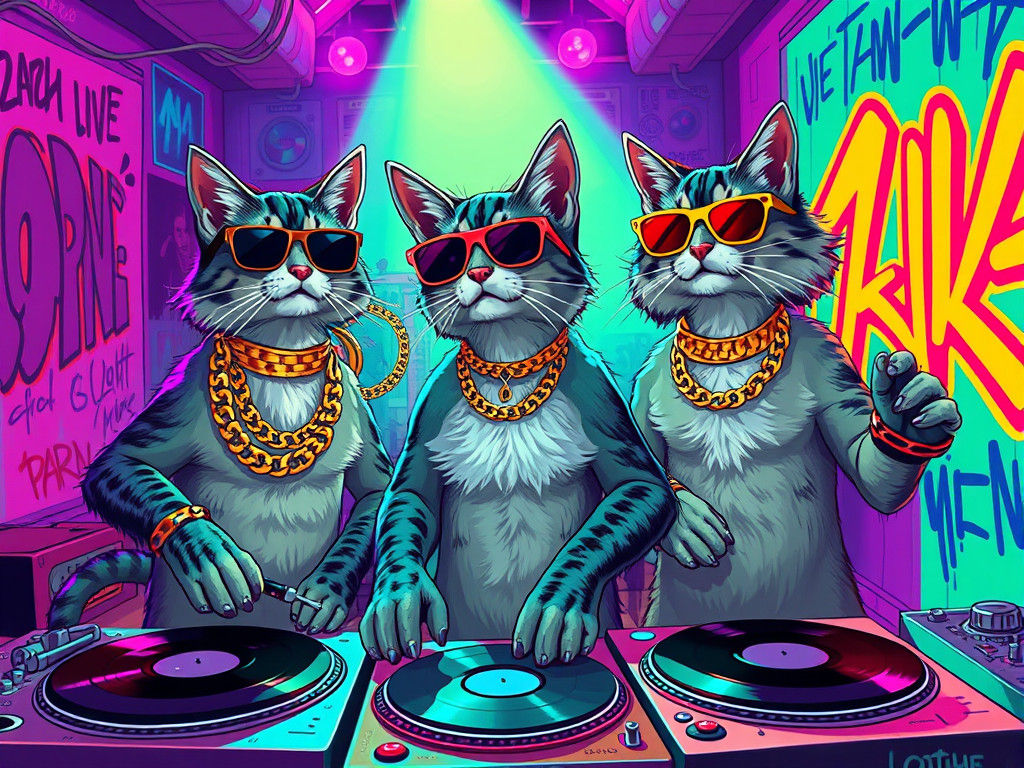 Cats Party in Futuristic Neon Urban Style