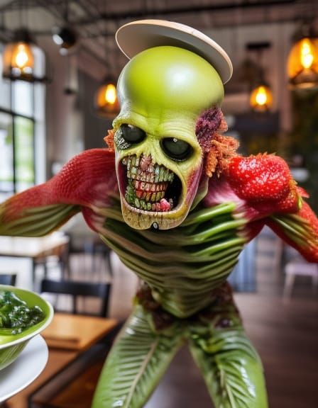 Zombie Fruit-man in a Vegetarian Restaurant - "Are you eating fruit and vegetables, that's cannibalism!"