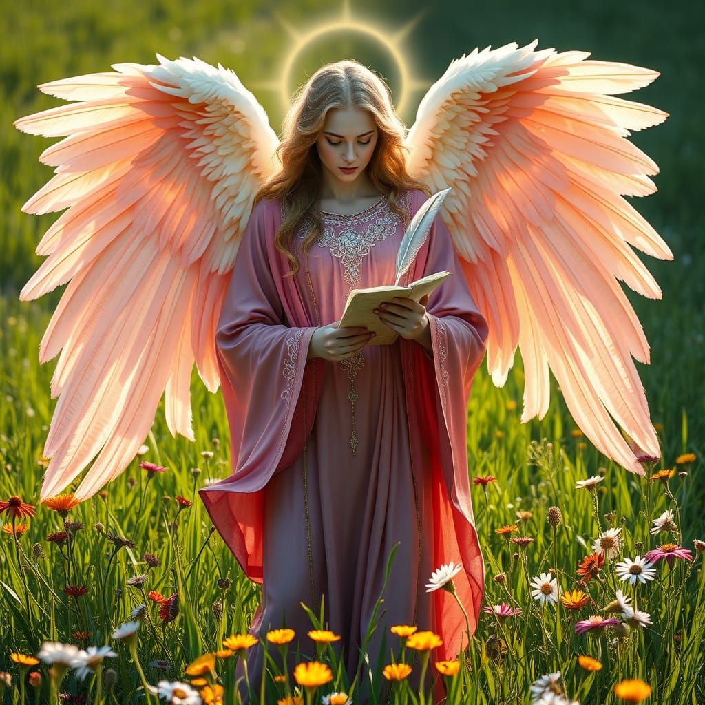 Angel in Serene Meadow with Radiant Wings and Soft Features