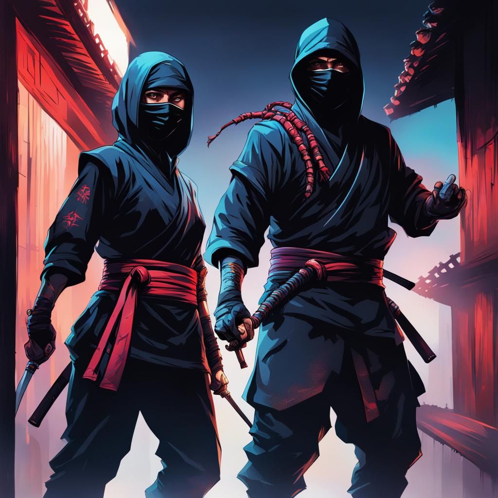 Ninjas Concealed in Shadows: Hyperrealistic Splash Art