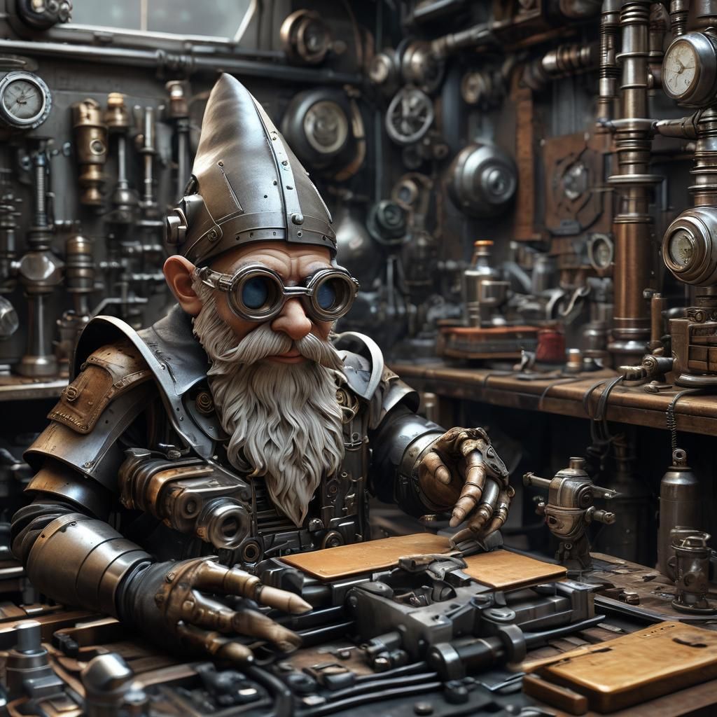 Steampunk Cybernetic Gnome in Workshop: Hyperrealistic