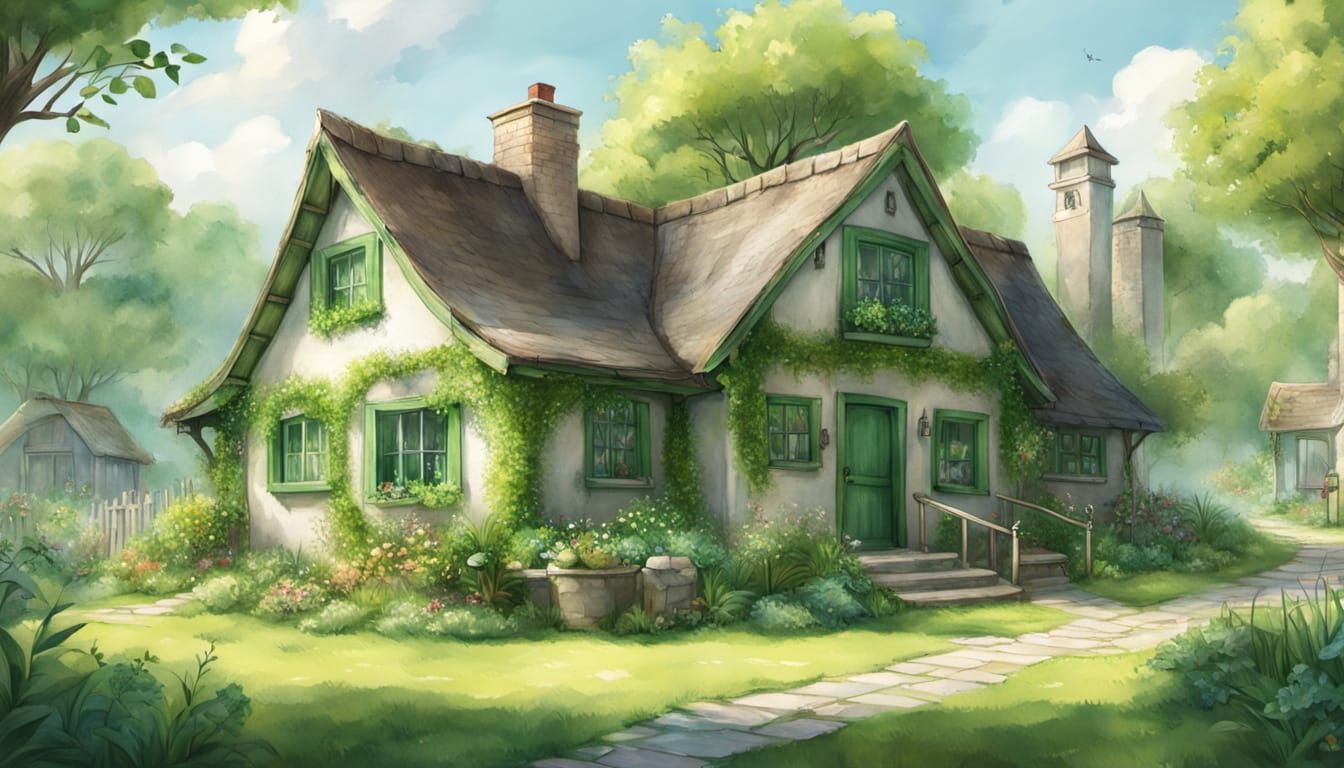 Fantasy Portrait: Woman in Front of Cottage