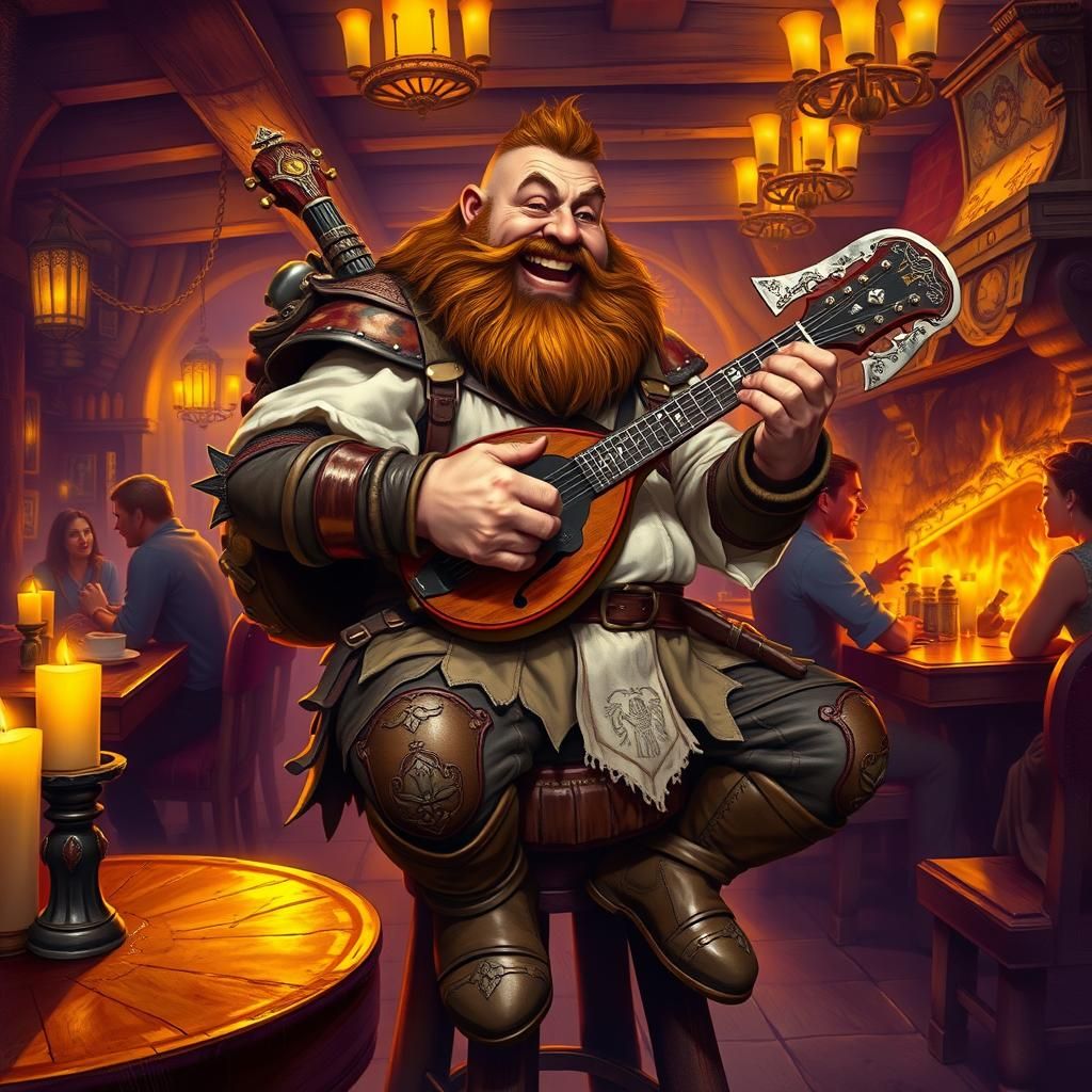 Laughing Dwarf Plays Mandolin in Lively Bar