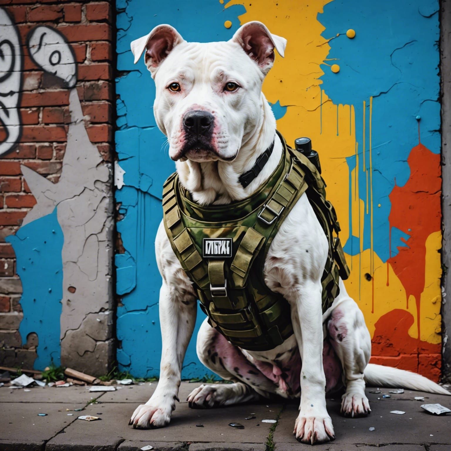 Amstaff Dog Soldier in Graffiti Splash Art Style