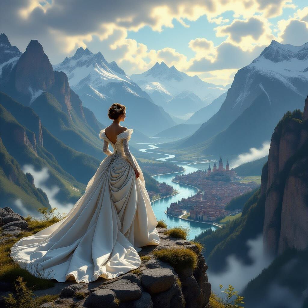 Regal Woman on Windswept Cliff in Baroque Style