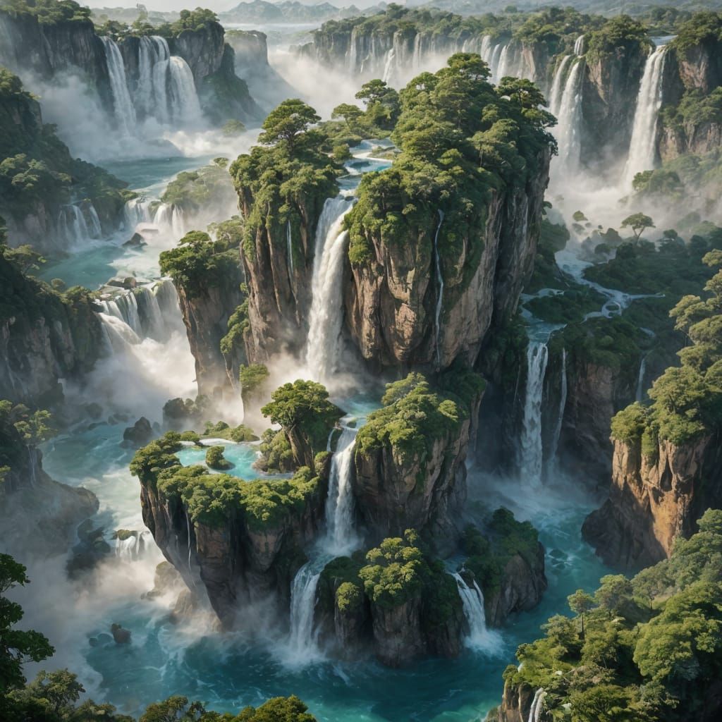 Epic Waterfalls Over Floating Island in Watercolour