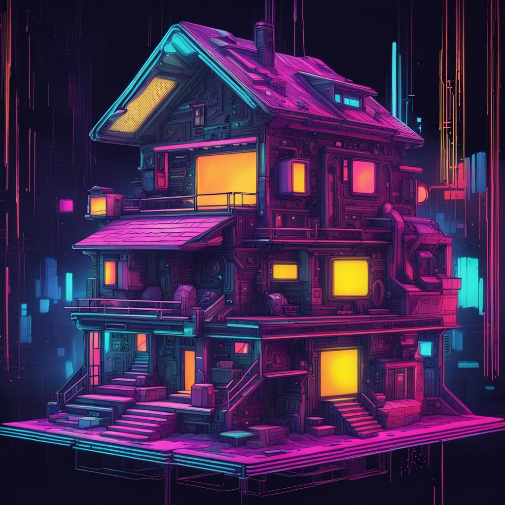 Cyberpunk House with Robot Cat in Neon City