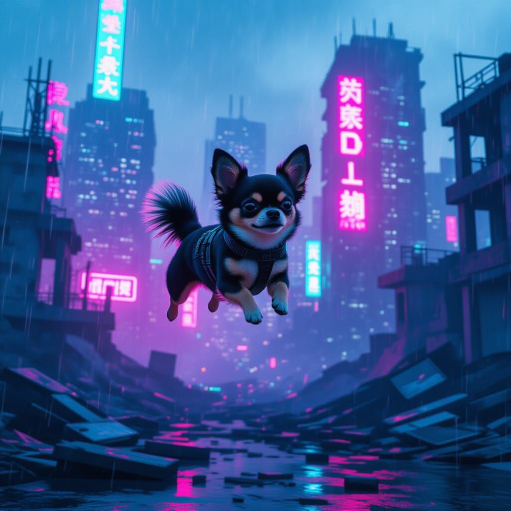 Chihuahua Flies Over Ruined City in Neon Glow