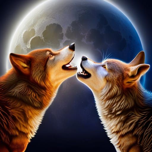 Hyperrealistic Wolves Howling at Moon in Detailed Digital Ar...