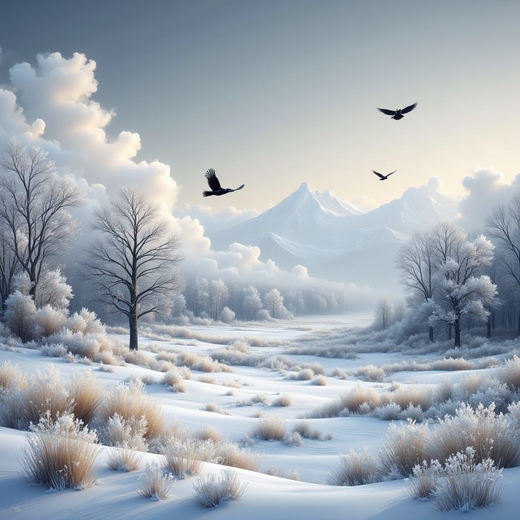 Snowy Valley with Ravens at Dusk