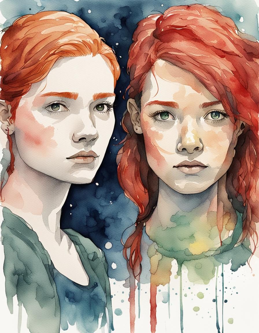 Red-Haired Women in Ink and Watercolor Style