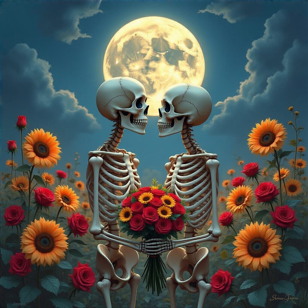 Skeletons in Love Under Full Moon with Roses