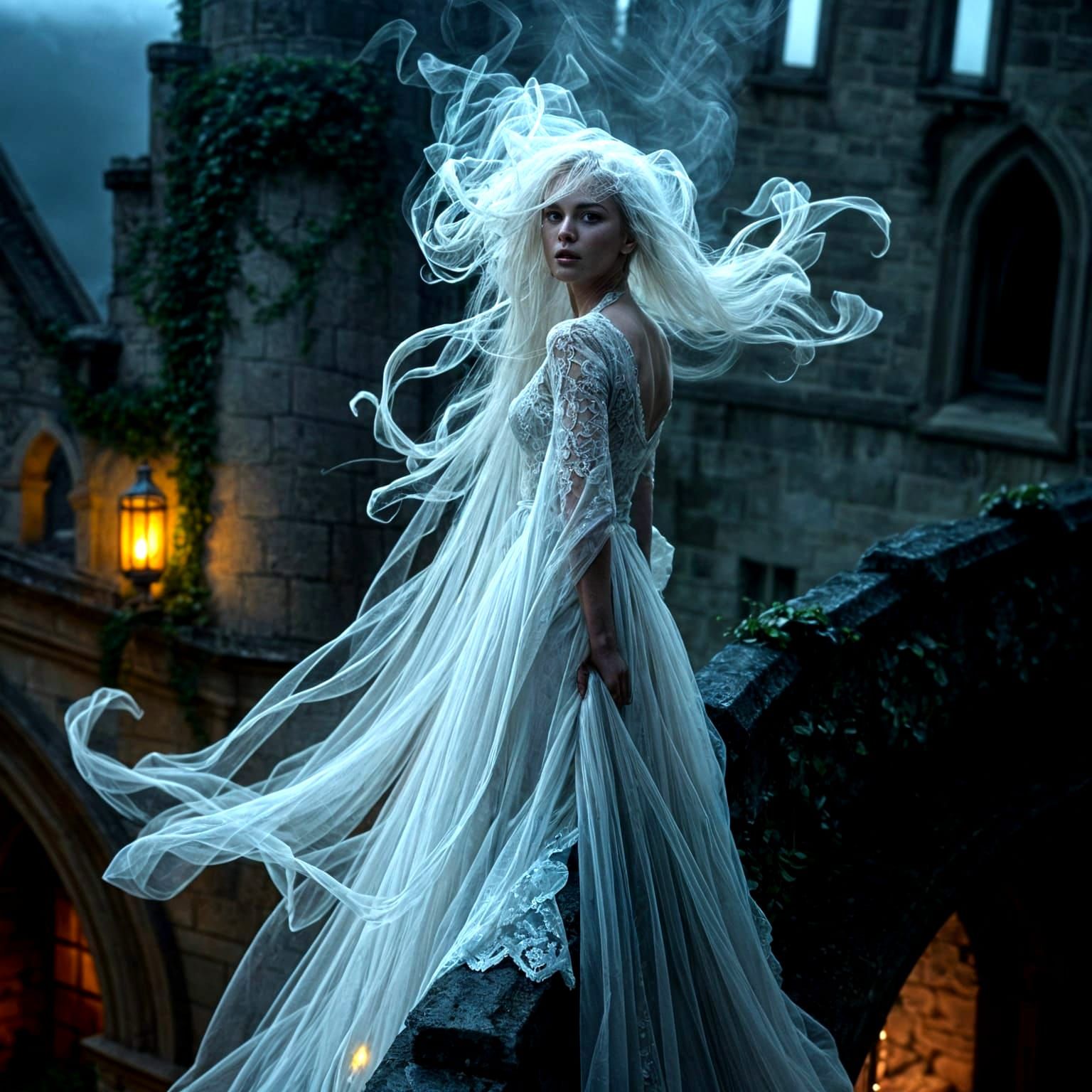 Ethereal Ghost Lady in Lace on Castle Battlements