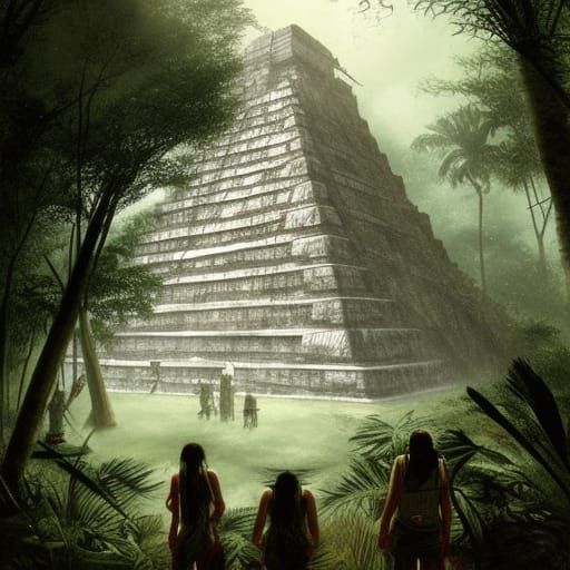 Sinister Mayan Pyramid in Jungle, Dark Fantasy Art