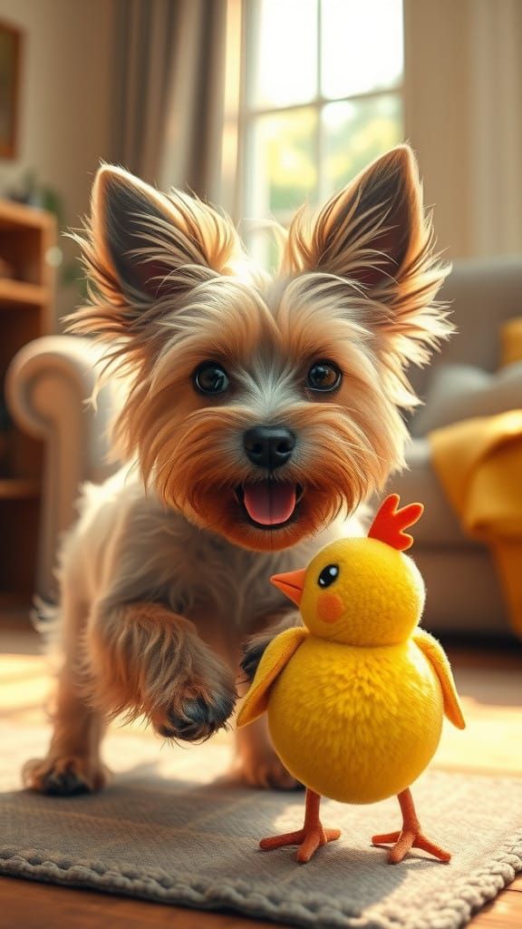 Charming Silky Terrier Plays with Chicky Chicky in Warm Livi...