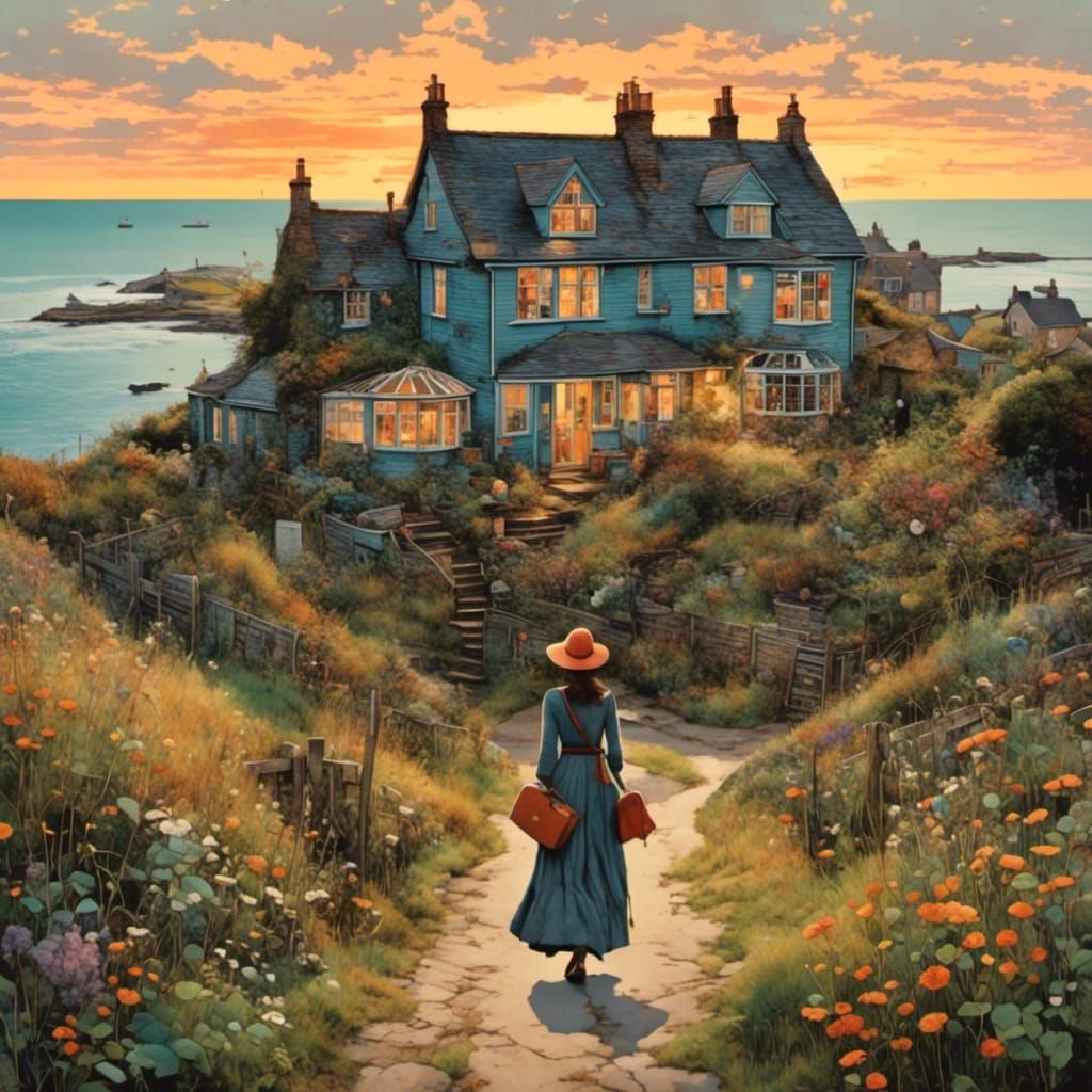 Woman Walks Towards House at Sunset, Gouache Painting