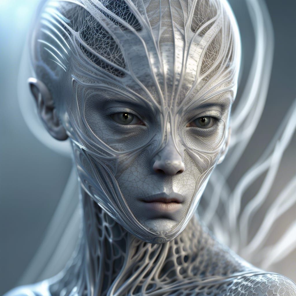 Alien Portrait with Silver Threads in Graffiti Art Style