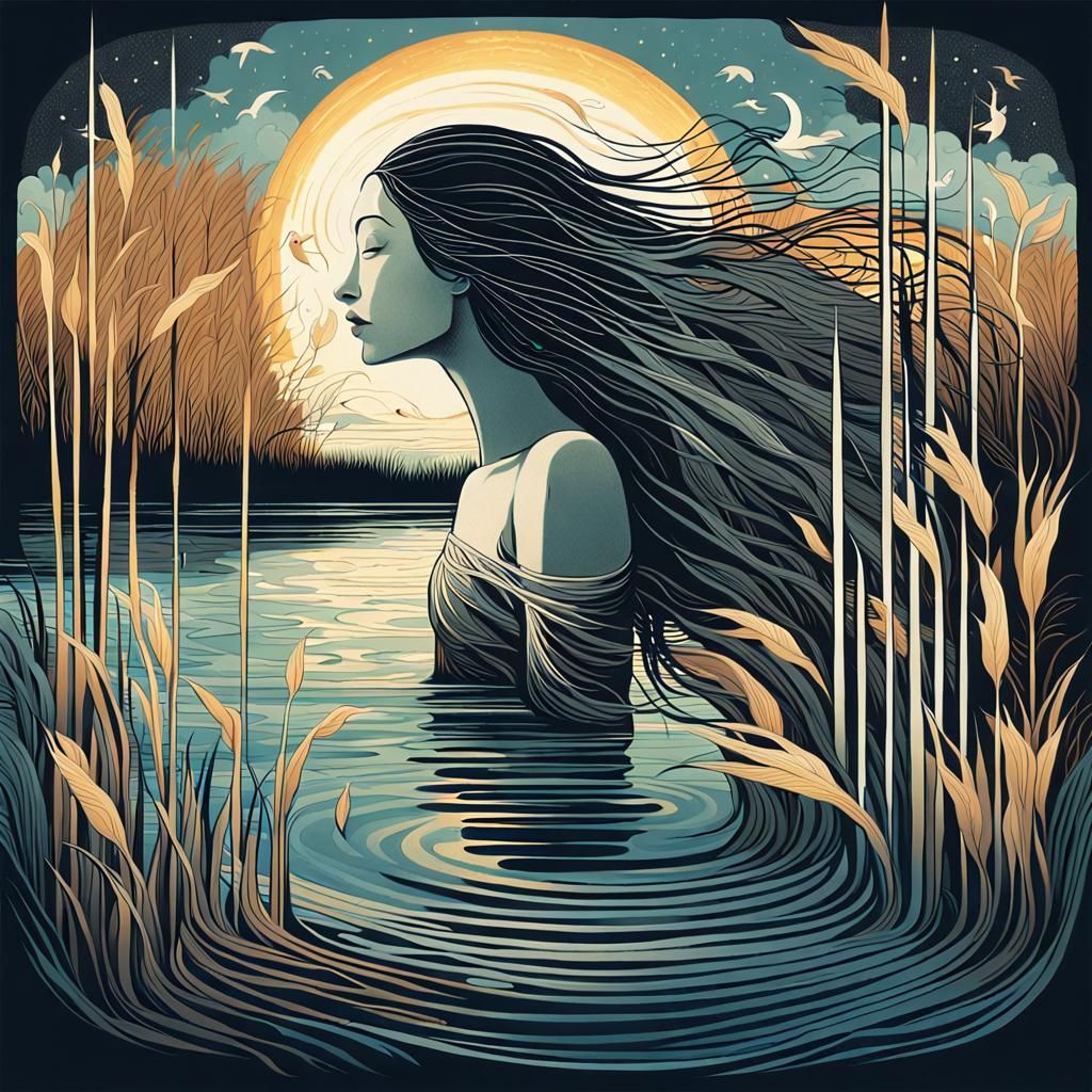 Surreal Woman Swimming in River with Upside-Down Sun