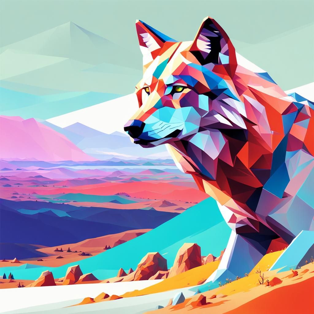 Colorful Wolf Landscape in Low-Poly Art Style
