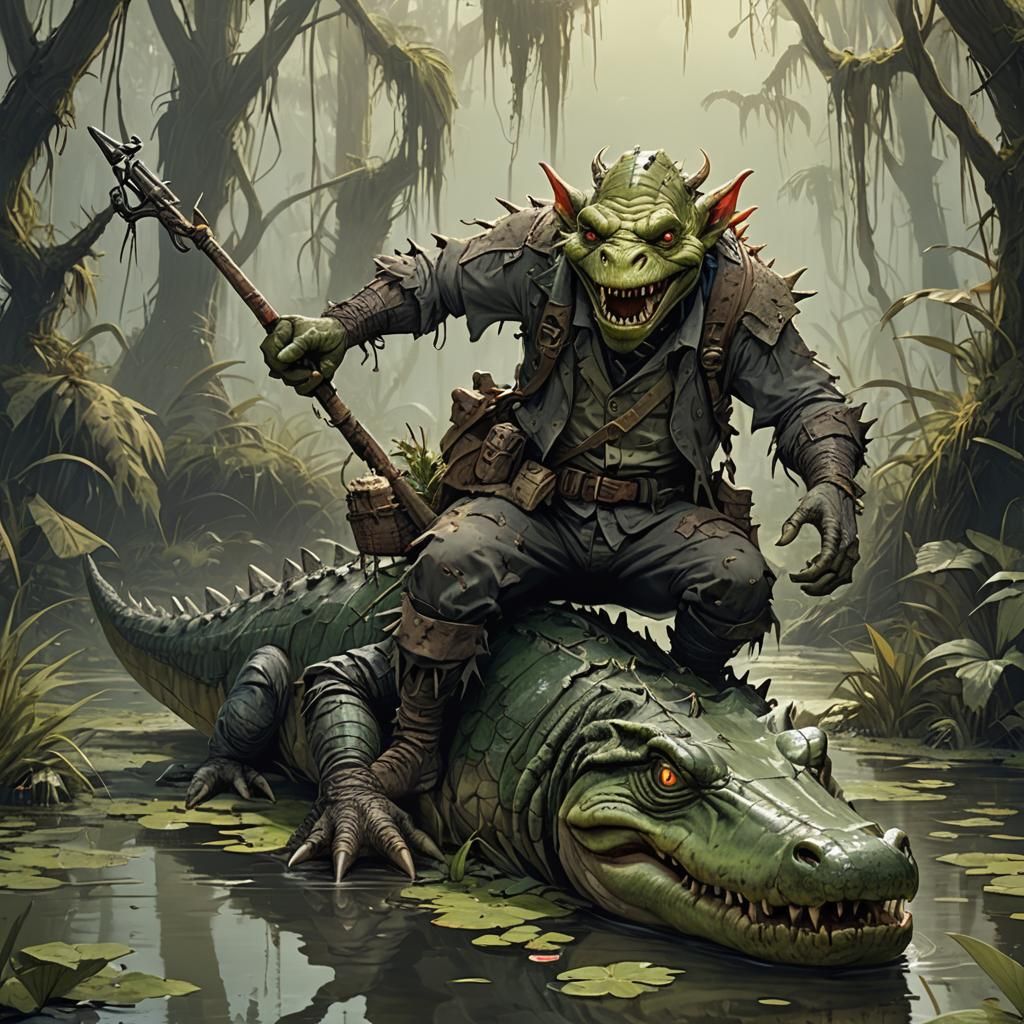 Goblin Harpoonist Rides Alligator in Overgrown Swamp