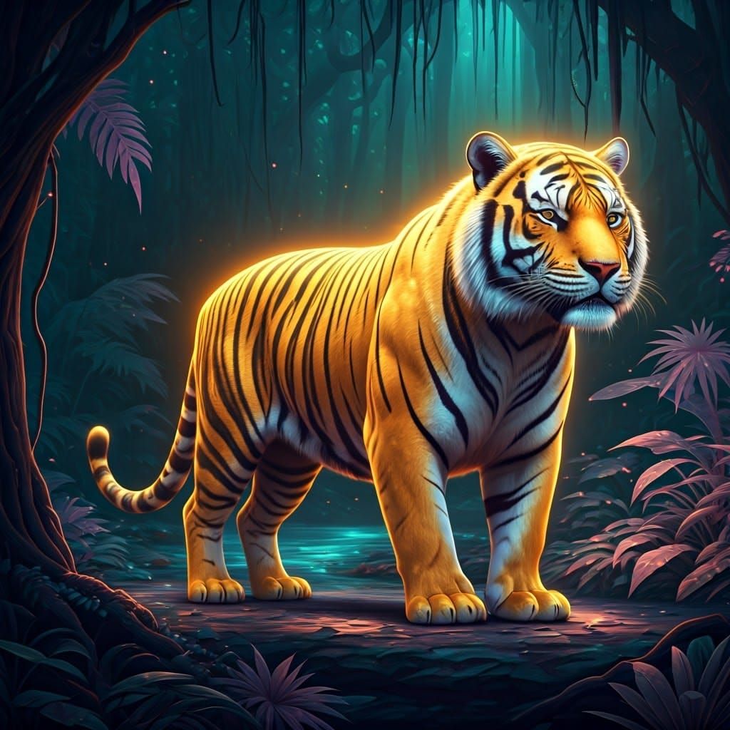 Ferocious Tiger with Golden Light Body and Electric Blue Str...
