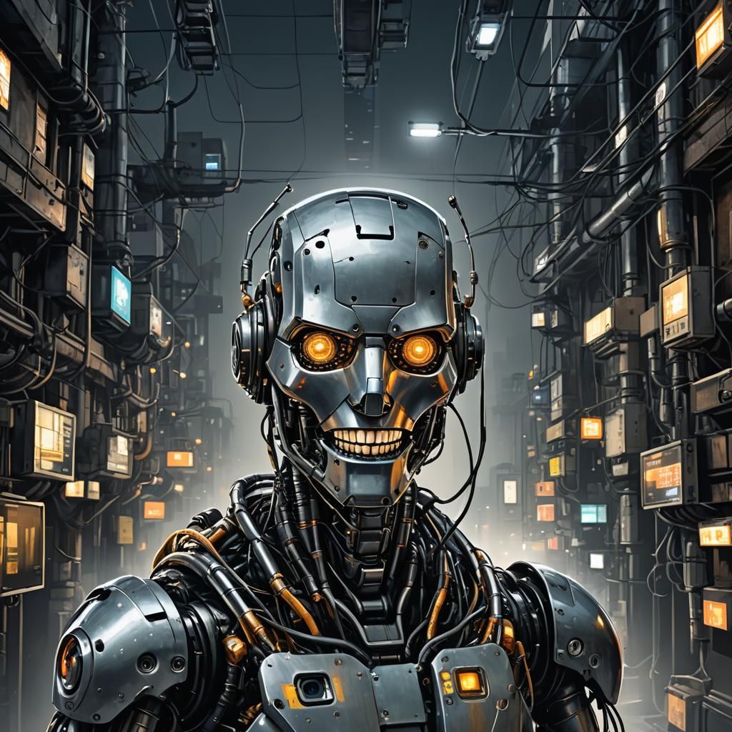 Futuristic Robot Smiles in Cyberpunk City Portrait