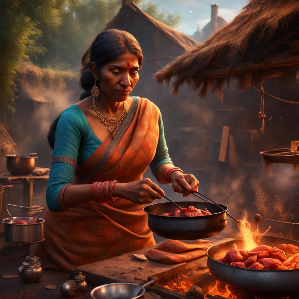 Indian Woman Cooking: A Van Gogh-Style Village Scene