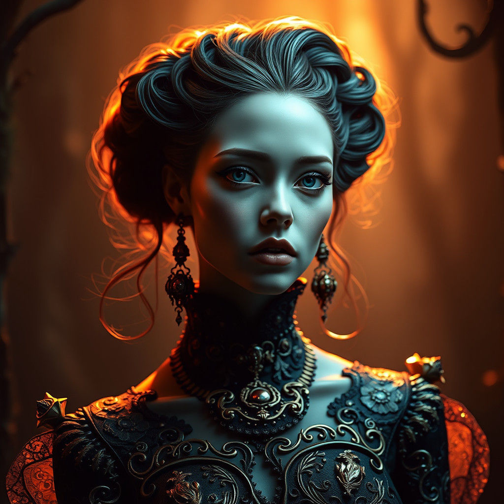 Baroque Woman in Dark Forest, Gothic Cyberpunk Style