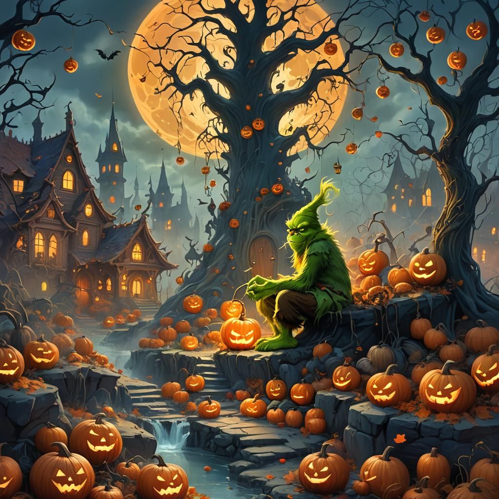 Grinch Stealing Halloween Decorations: Fantasy Concept Art