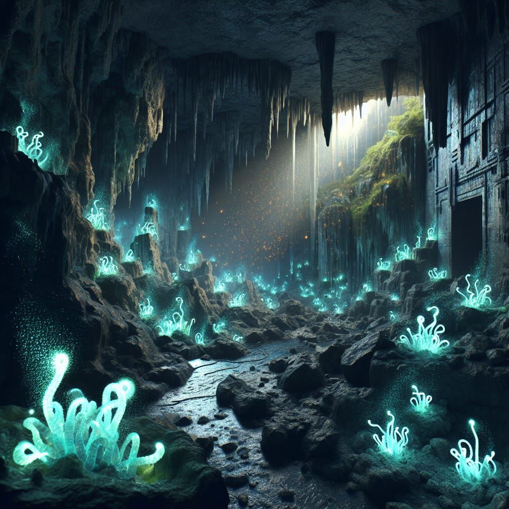 Bioluminescent Worms in Underground Cavern, Science Fiction