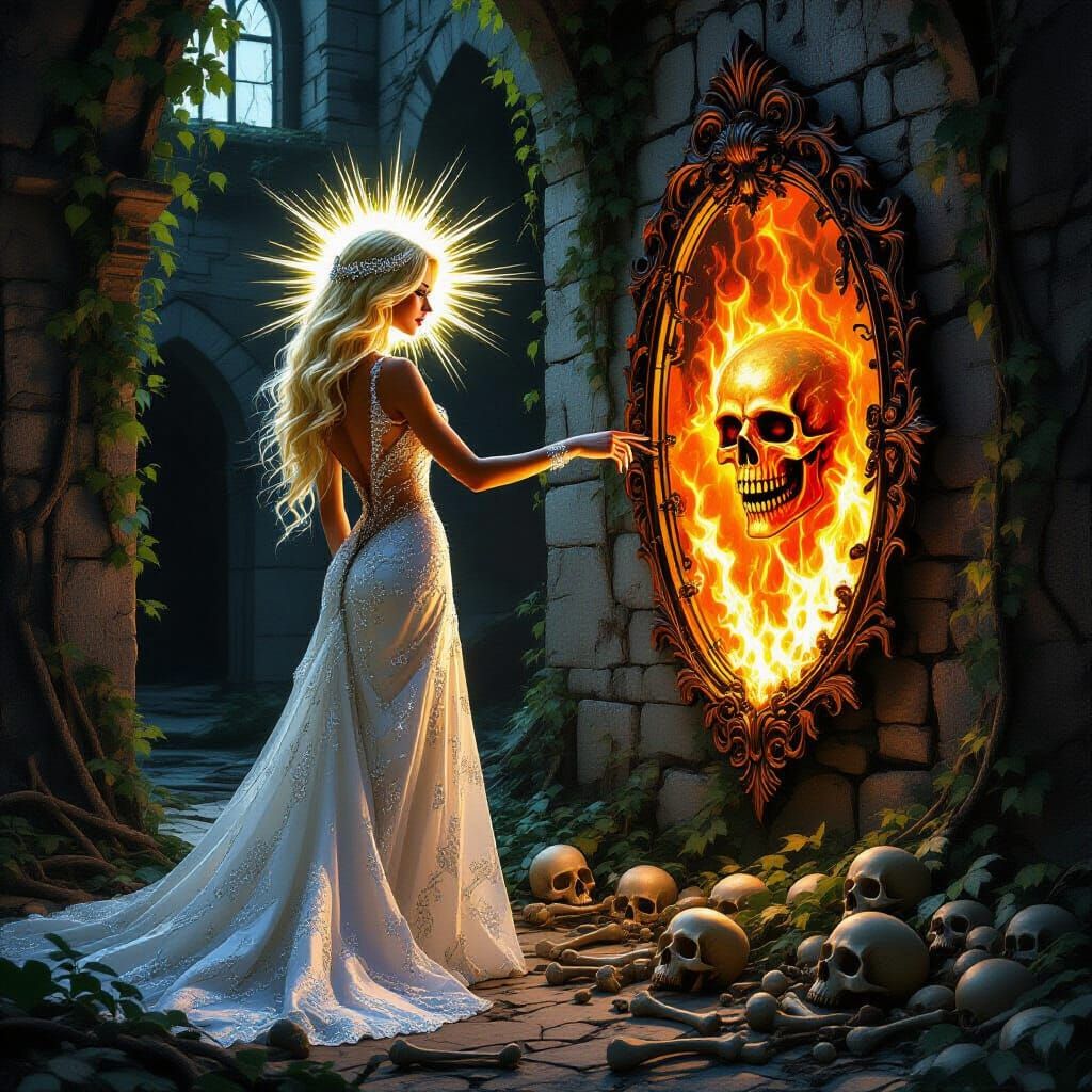 Crystal Dress Woman in Vine-Covered Castle with Fiery Mirror