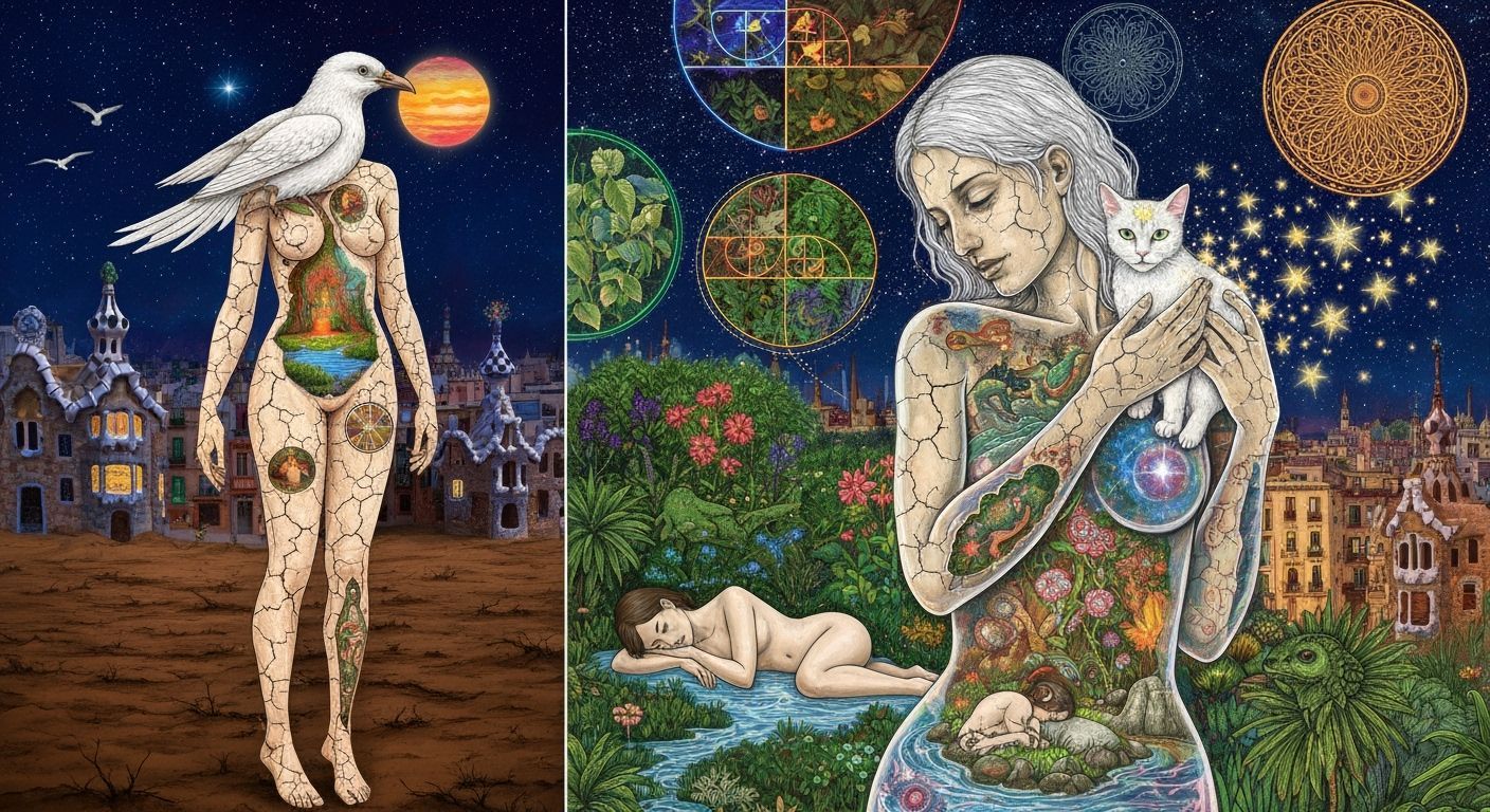 Female Form Intertwined with Nature and Birds