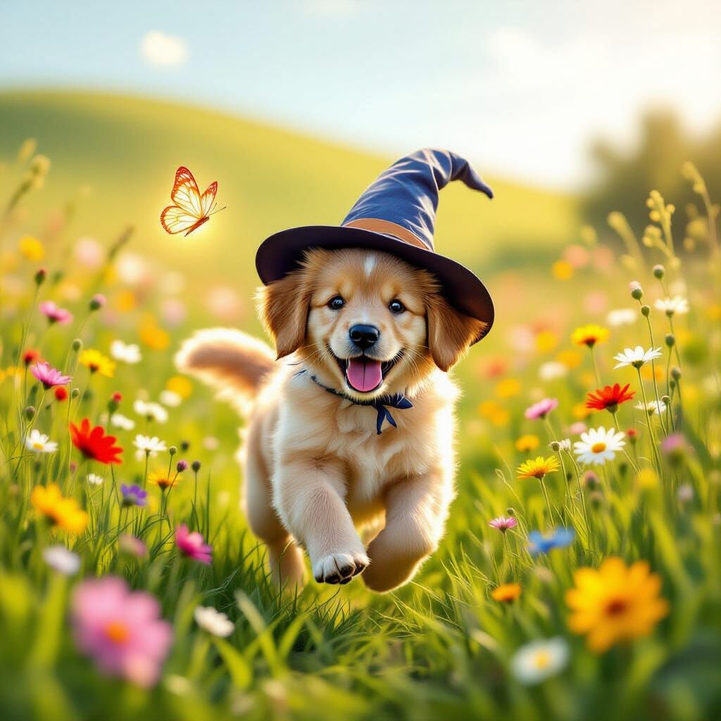 Golden Retriever Puppy Chases Glowing Butterfly in Whimsical...