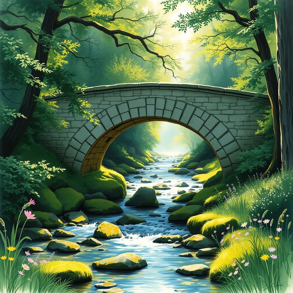 Stone Bridge Over Brook in Watercolor Style
