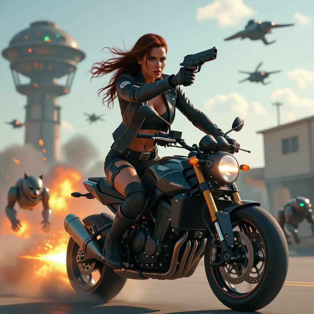 Warrior Woman's Dystopian Escape on Motorbike