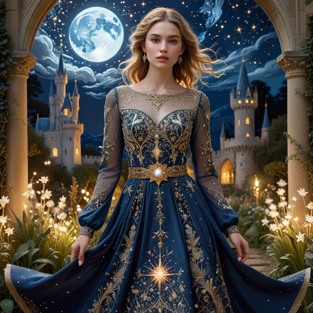 Ethereal Woman in Mosaic Artwork Walking in Magical Garden