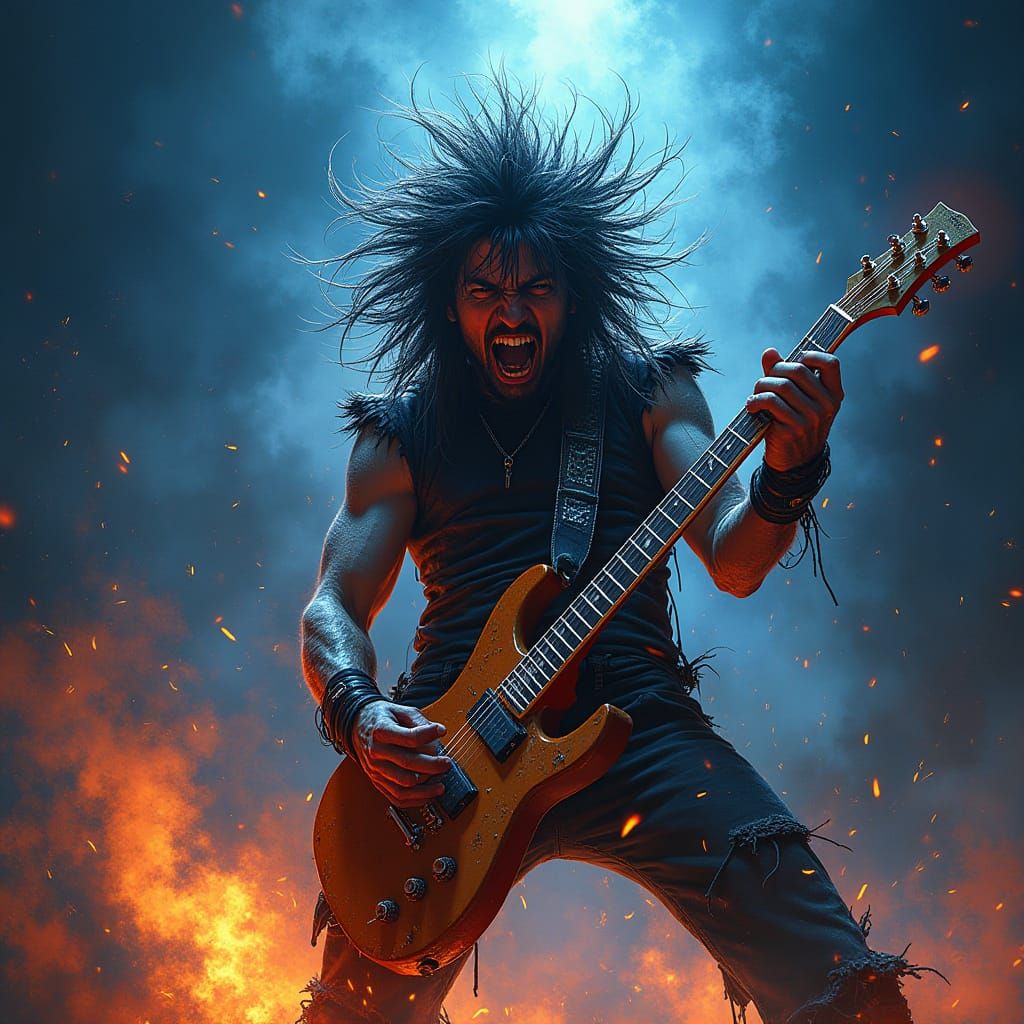 Rock Star Guitar Hero in Electric Blue and Orange Light