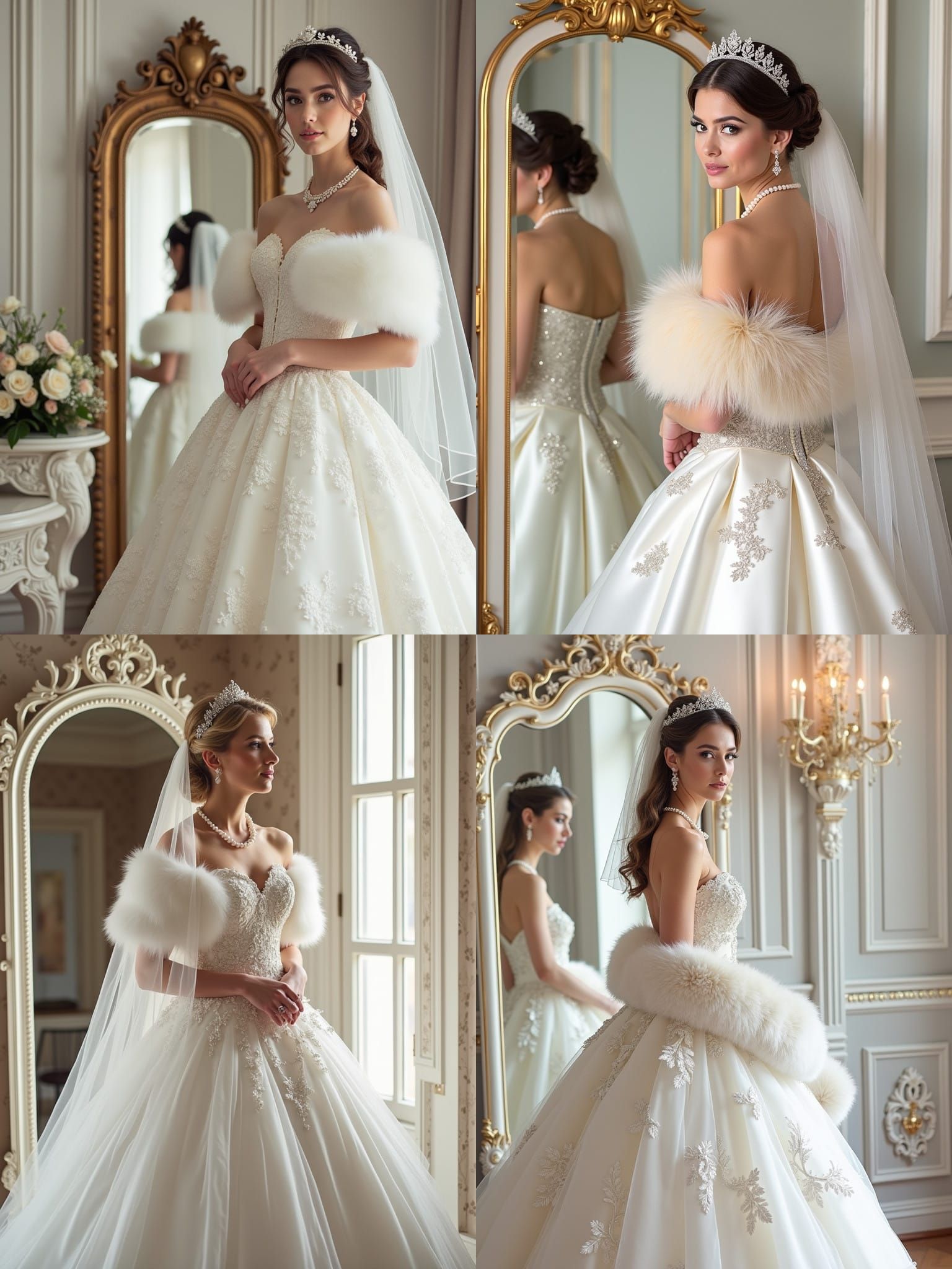 Bride in White Satin Dress with Pearl Necklace