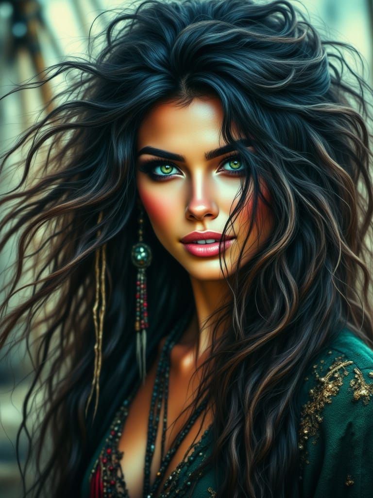 Formidable Pirate Woman with Green Eyes on Ship Deck