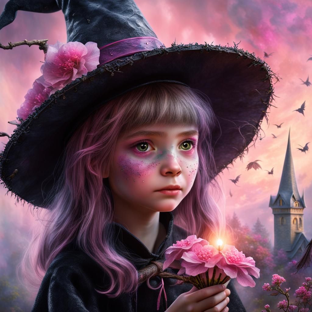 Little Witch Casting Spell in Fantasy Landscape