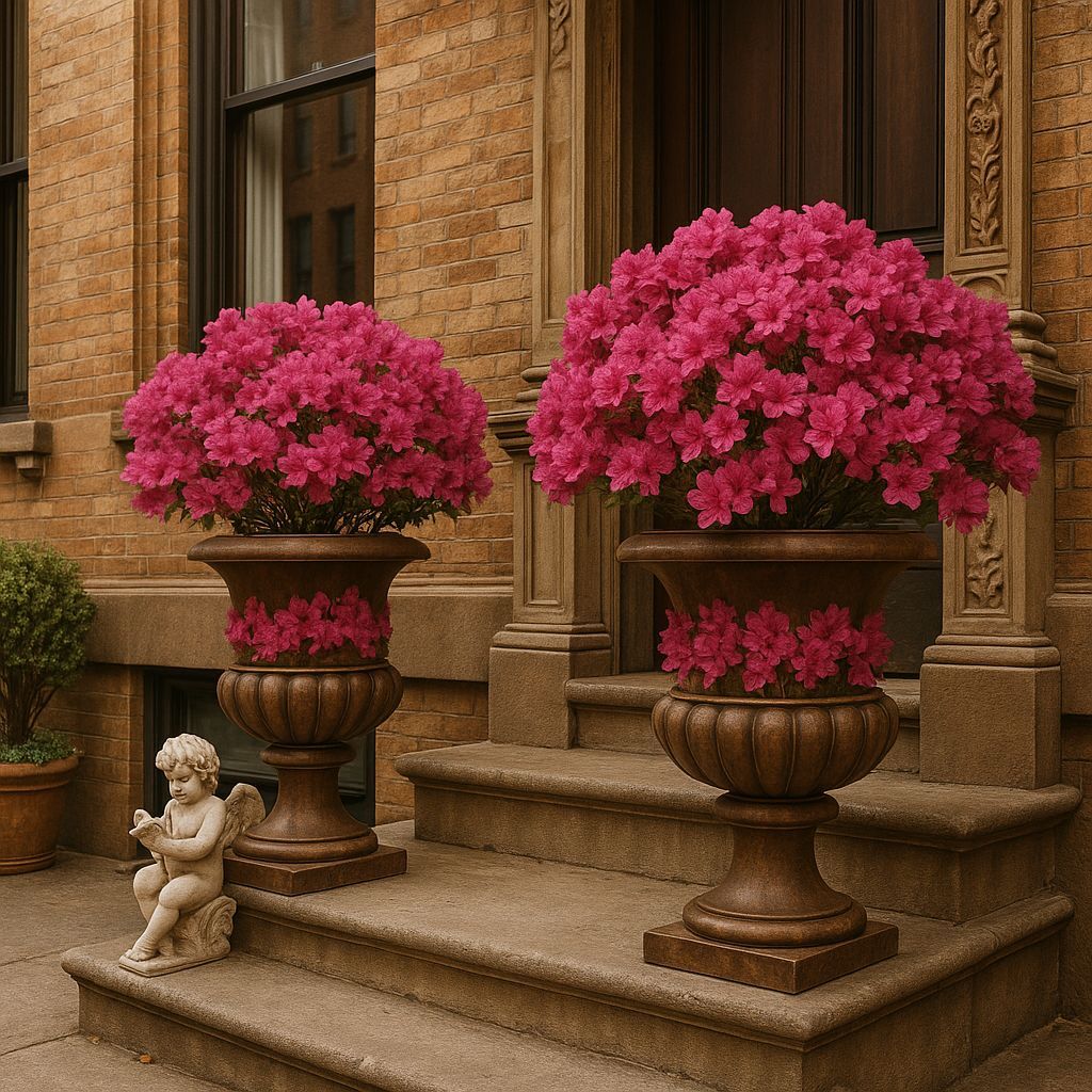 Brownstone Building with Urns and Azaleas
