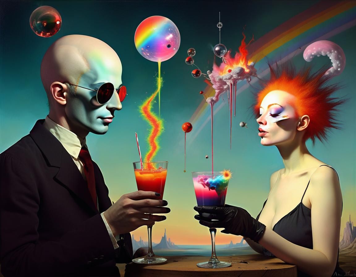 Cyberpunk Starship in Space with Exploding Rainbows