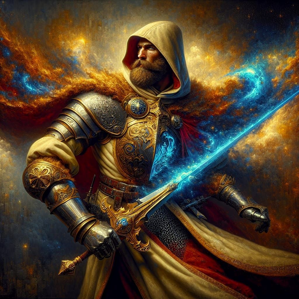 Medieval Knight with Glowing Sword, as Oil Painting